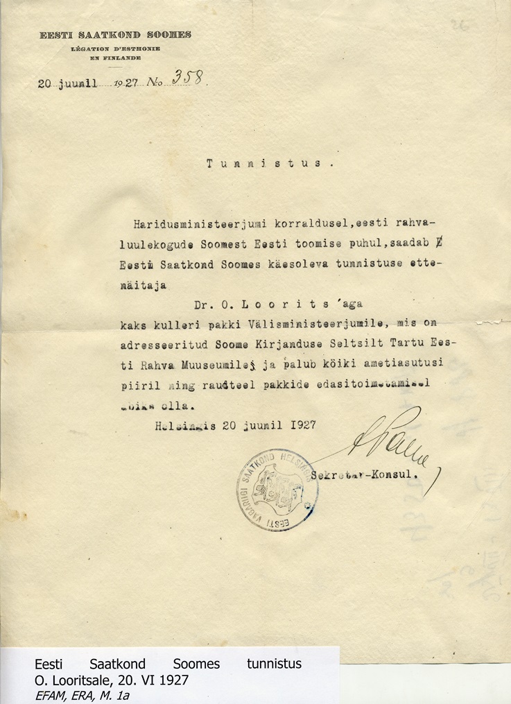 Eesti Saatkond Soomes tunnistus O. Looritsale, 20. VI 1927. - EFAM, ERA, M. la