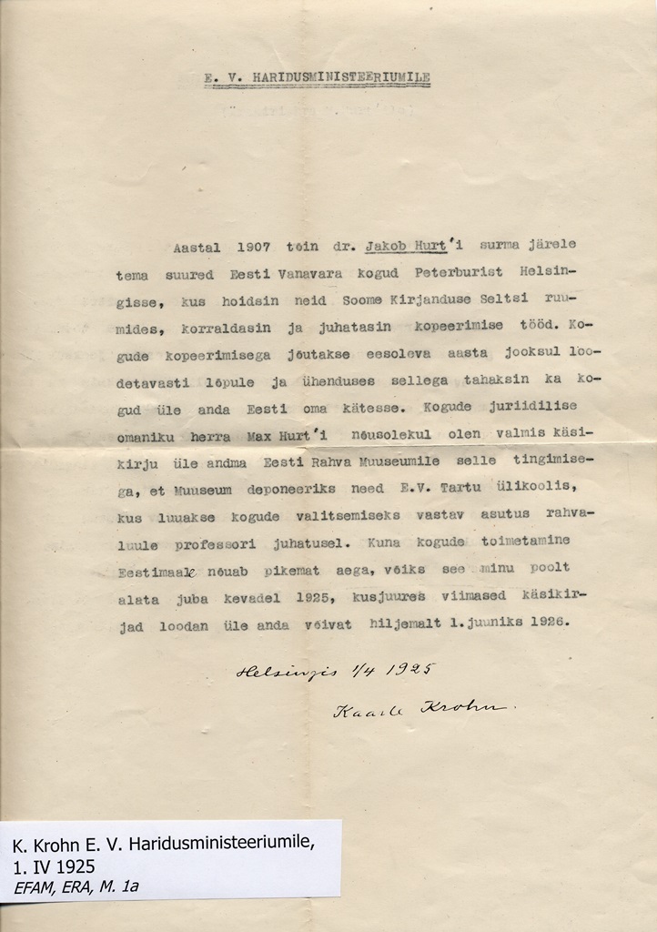 K. Krohn E. V. Haridusministeeriumile, 1. IV 1925. - EFAM, ERA, M. la