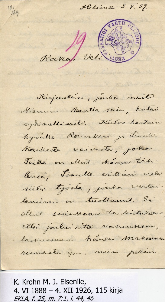 K. Krohn M. J. Eisenile, 4. VI 1888-4. XII 1926, 115 kirja. - EKLA, f 25, m. 7:1. I. 44, 46 