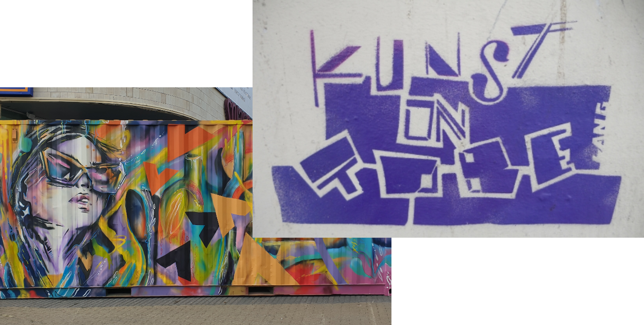 Kaks fotot grafitist: üks tekstiga KUNST ON TOBE ning teine päikeseprillidega tüdrukuga kirjul taustal.