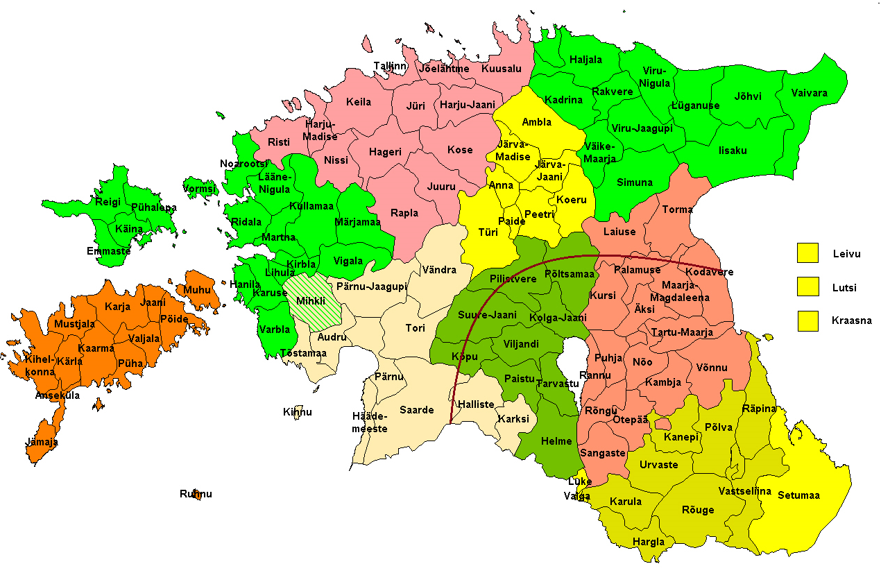 Eesti kihelkondade kaart. Lõuna-Eesti keele- ja kultuuriala jääb Eesti kaguossa.